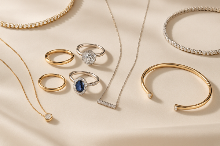 High-end jewelry displayed elegantly on a soft luxury background, featuring gold and silver rings, necklaces, and bracelets with sparkling diamonds, photographed in natural soft light, minimalistic modern styling, luxury ecommerce banner aesthetic, wide angle composition, perfect for website hero section